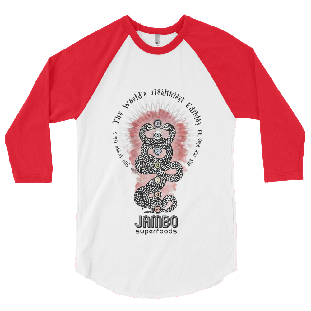 Jambo superfoods baseball tee with red sleeves and kundalini serpent design