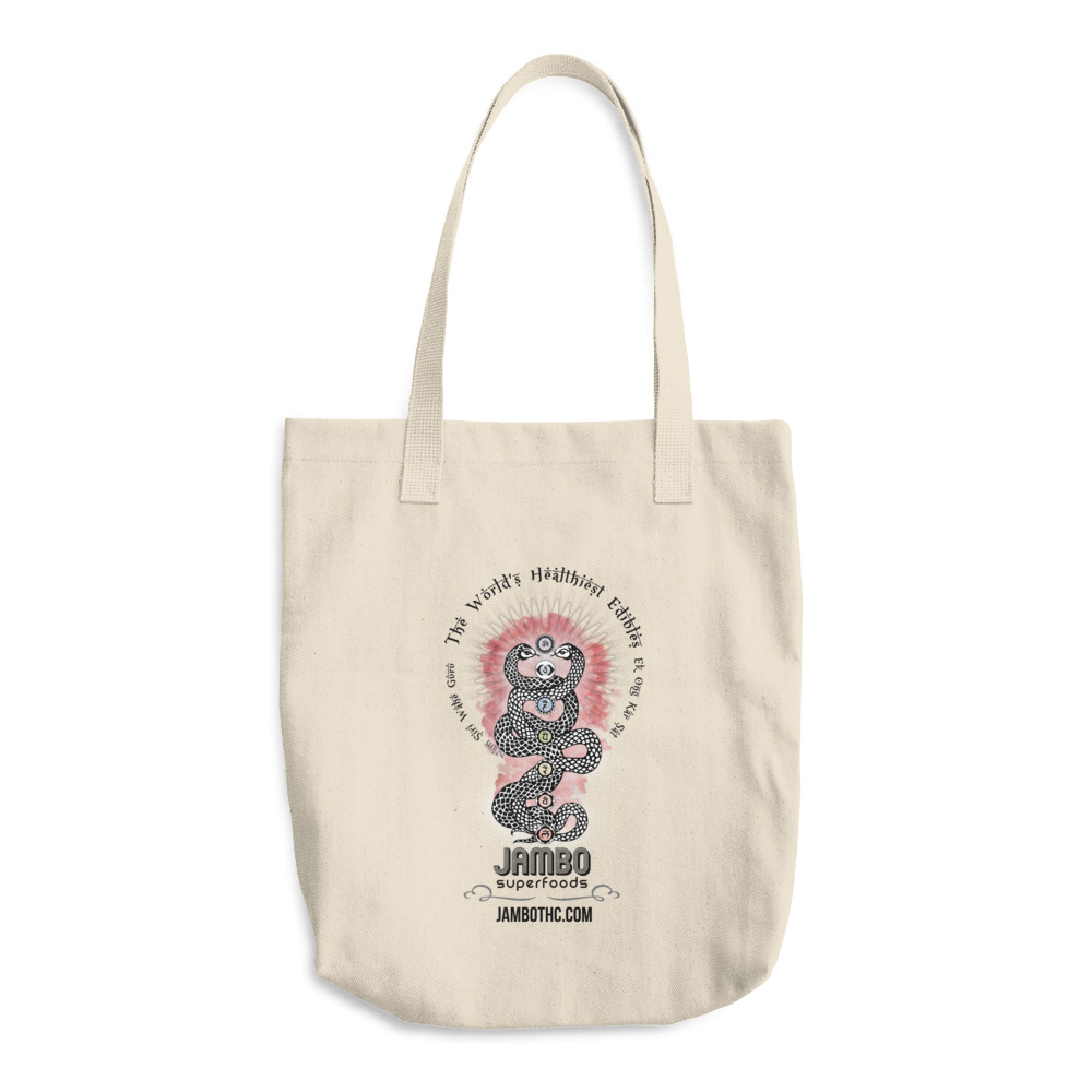 Jambo Superfoods american made cotton tote with kundalini snakes logo