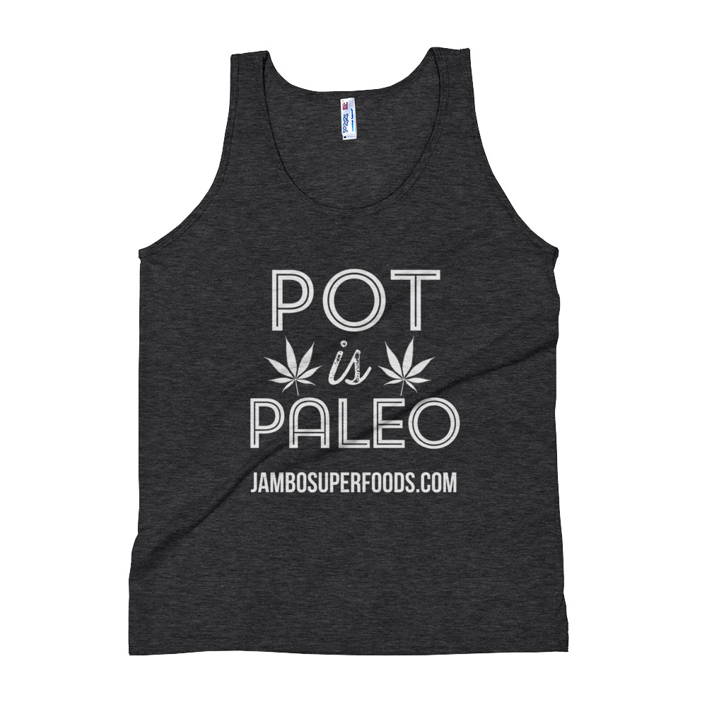 Jamb superfoods mans tank top with pot is paleo logo in black