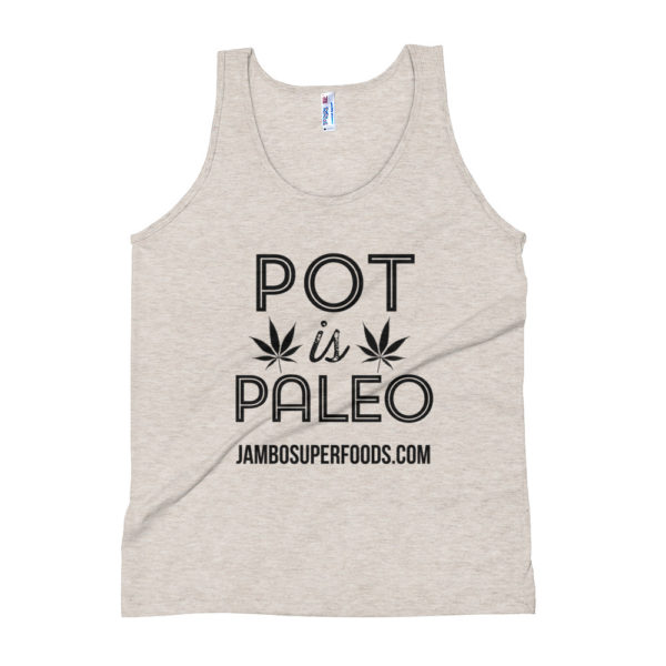 Jambo superfoods mans tank top with pot is paleo logo in white